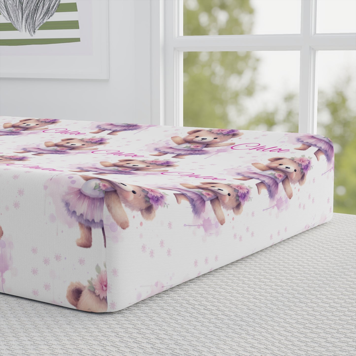 Changing Pad Cover — Cute Purple Teddy Bear Pattern (Personalized Name Option)