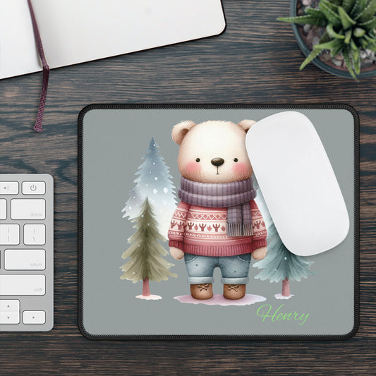 Personalized Cute Winter Bear Mouse Pad — Custom Name Gaming Desk Mat