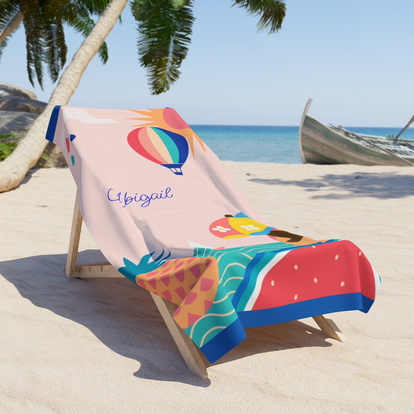Personalized Tropical Beach Towel — Custom Name Abigail, Pineapple & Watermelon Summer Design