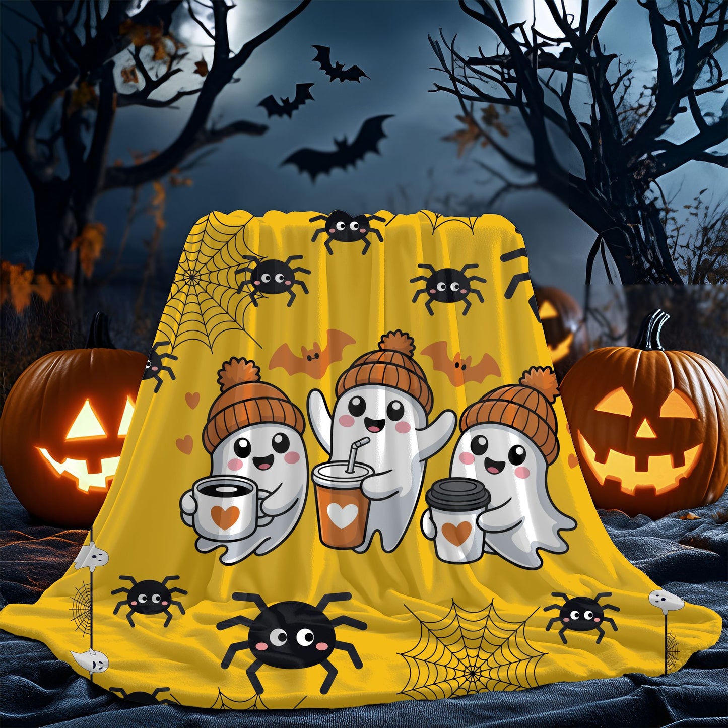 Cozy Halloween Velveteen Plush Blanket for Spooky Nights, Ghosts and Spiders Design, Perfect for Fall Decor, Gift, and Movie Nights