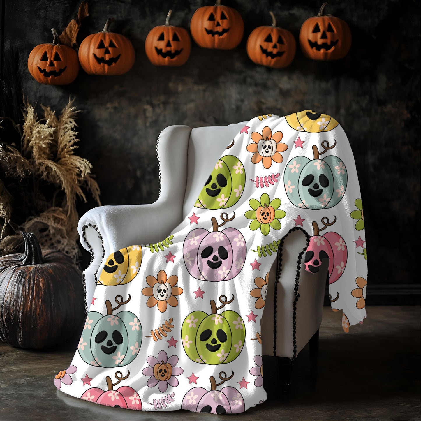 Colorful Pumpkin Plush Blanket, Cozy Fall Blanket, Halloween Decor, Cute Plush Throw, Autumn Gift Idea