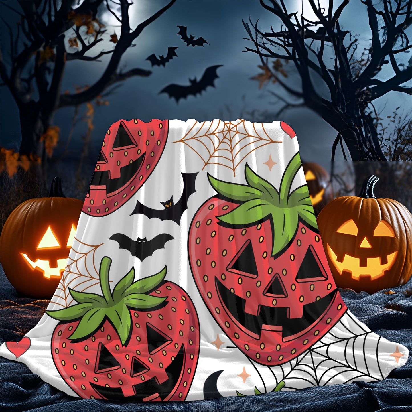 Halloween Strawberry Plush Blanket, Cozy Throw for Fall Decor, Cute Halloween Gift, Spooky Seasonal Blanket, Warm Home Accessory