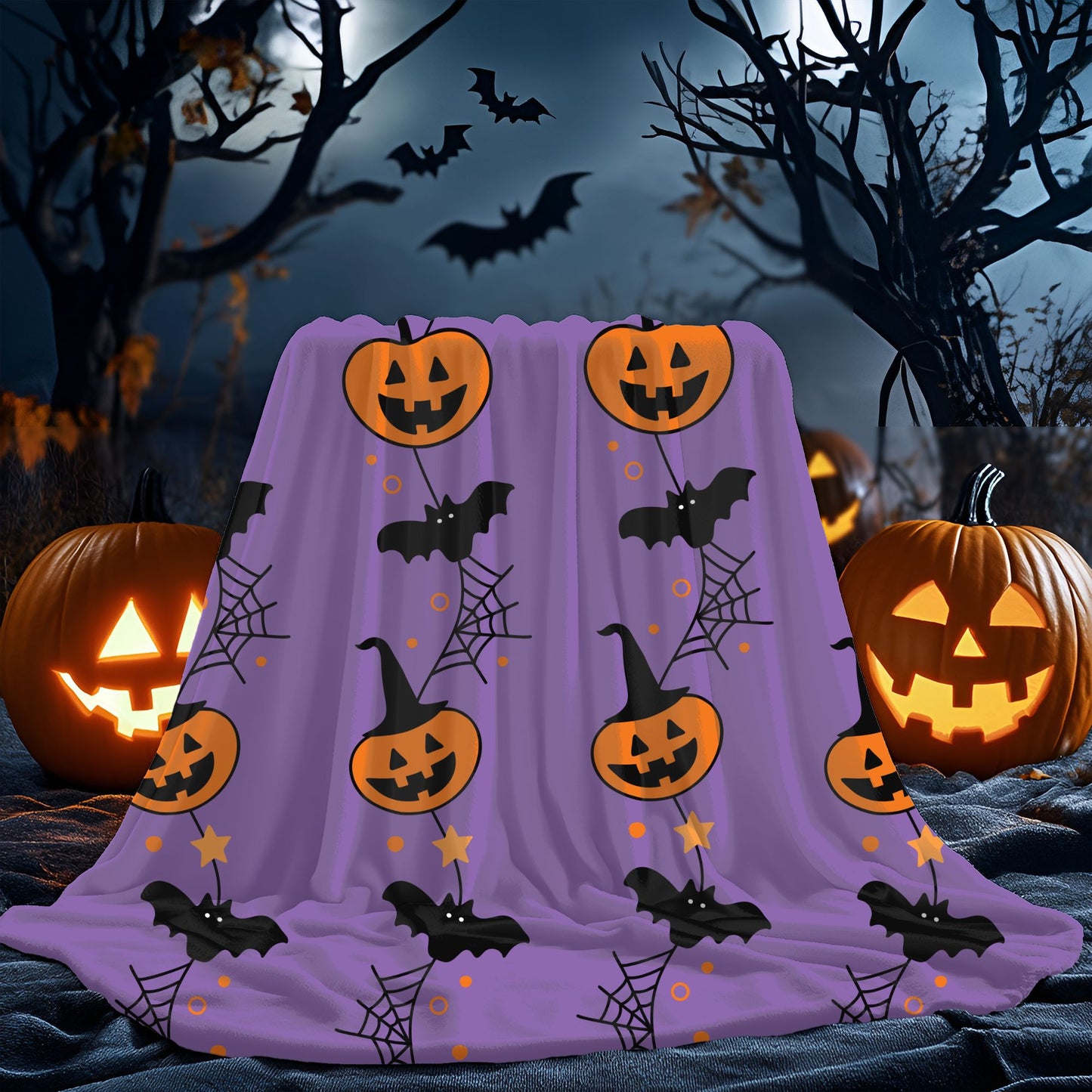 Halloween Velveteen Plush Blanket, Cozy Throw for Fall, Pumpkin and Bat Decor, Perfect for Spooky Season, Couch Blanket