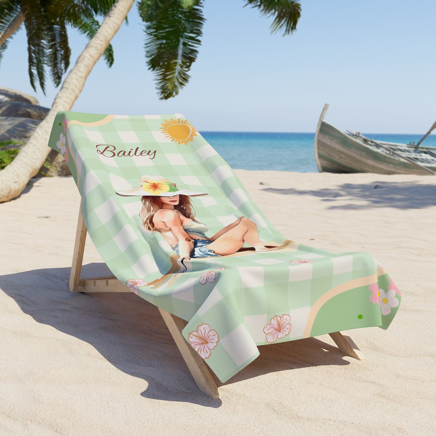 Personalized Pin-Up Beach Towel — Retro Sun & Gingham Swim Girl Design