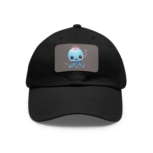 Blue jellyfish with a pink tiara Dad Hat with Leather Patch (Rectangle)