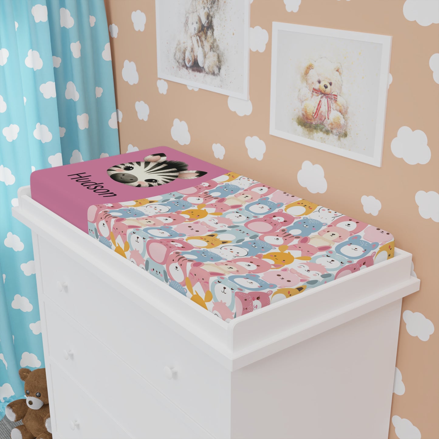 Personalized Zoo Friends Baby Changing Pad Cover — Pink Animal Pattern with Name (Hudson)