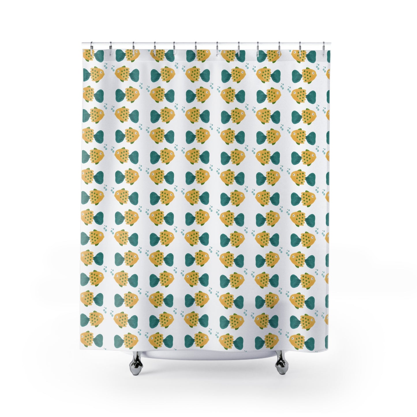 Shower Curtain — Playful Yellow & Teal Fish Pattern Bathroom Curtain