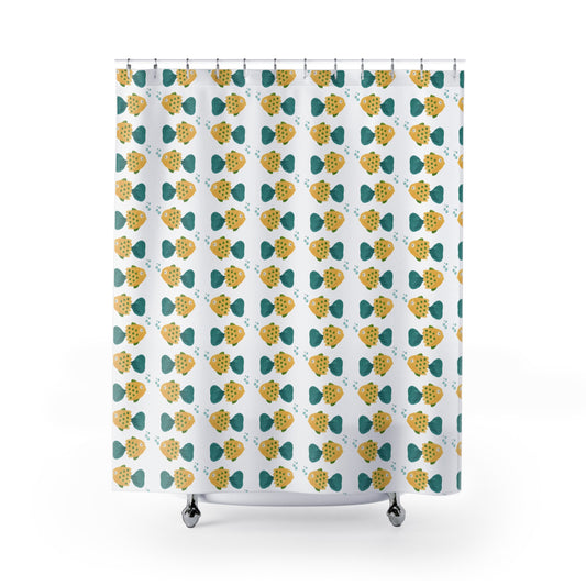 Shower Curtain — Playful Yellow & Teal Fish Pattern Bathroom Curtain