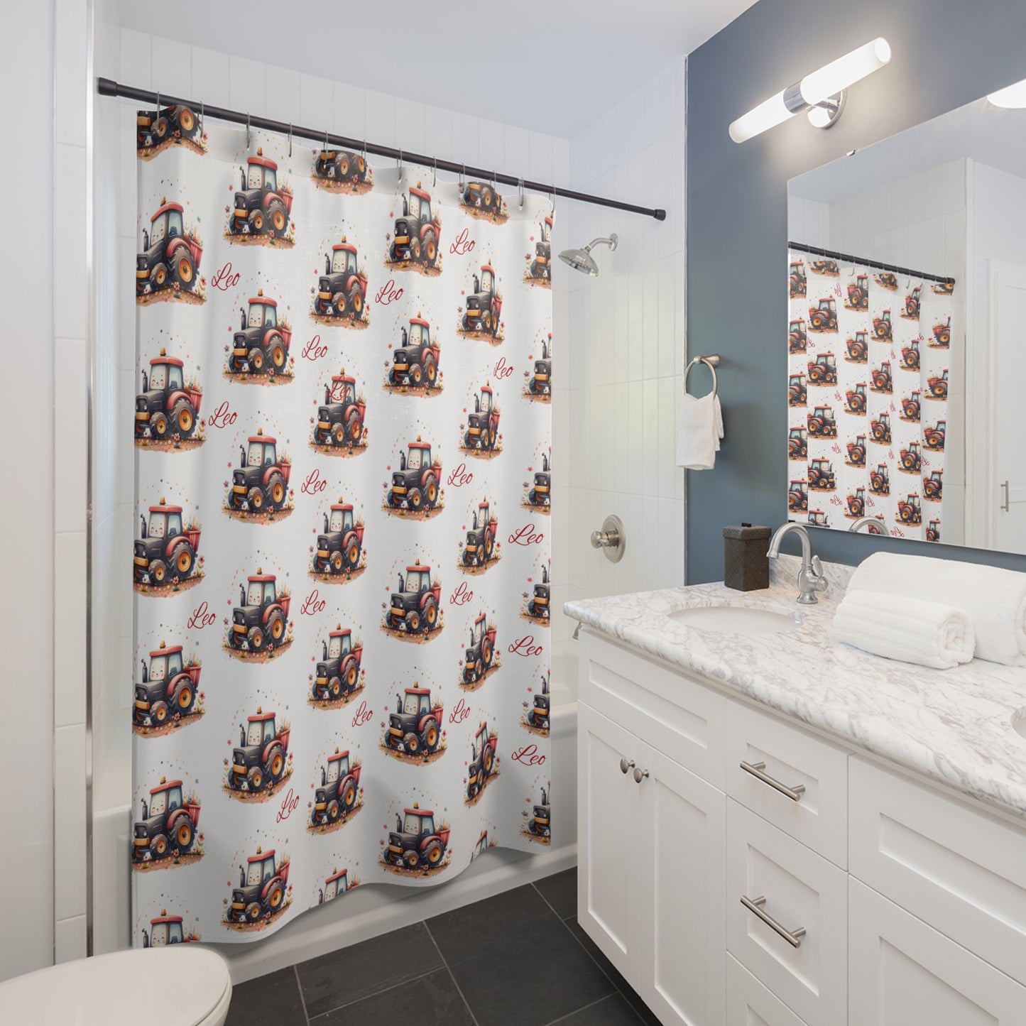 Tractor Shower Curtain — Cute Farm Kids Bathroom Decor with "Leo" Name Pattern