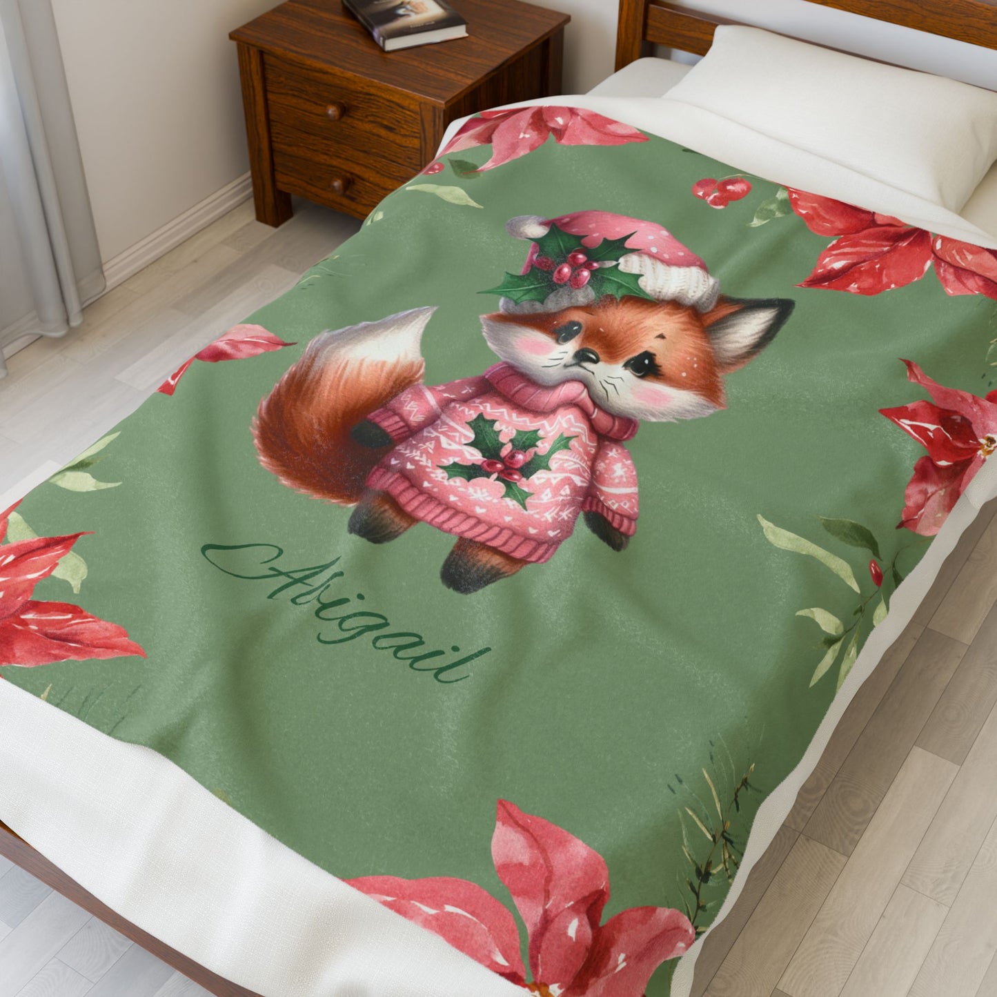 Personalized Fox Christmas Velveteen Plush Blanket, Cozy Holiday Gift, Custom Throw Blanket, Winter Decoration, Cute Pet Blanket