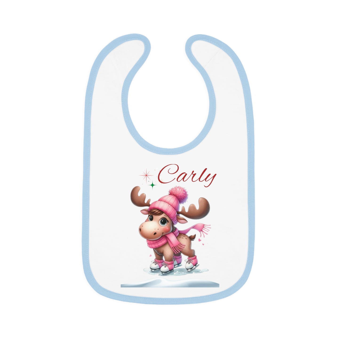 Personalized Baby Bib — Cute Ice Skating Moose with Name (Custom Carly)