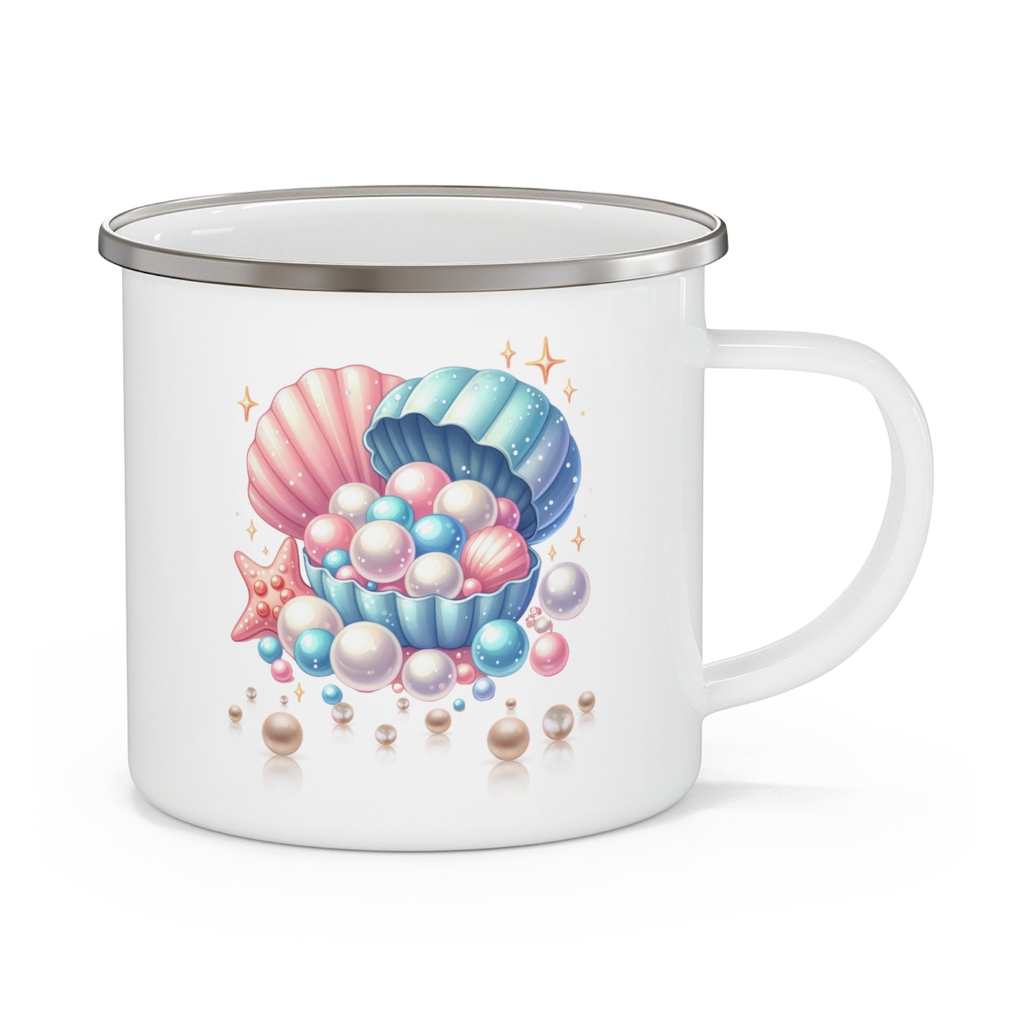 Coastal Charm Enamel Camping Mug - Seashells & Pearls Design