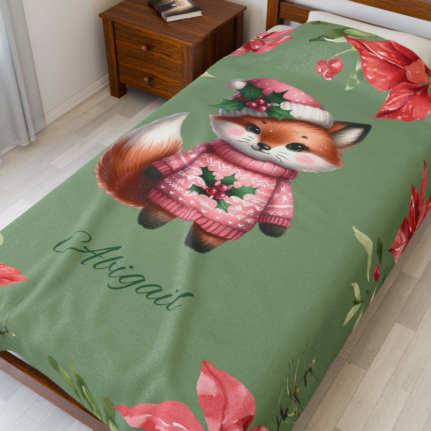 Personalized Fox Christmas Velveteen Plush Blanket, Cozy Holiday Gift, Custom Throw Blanket, Winter Decoration, Cute Pet Blanket