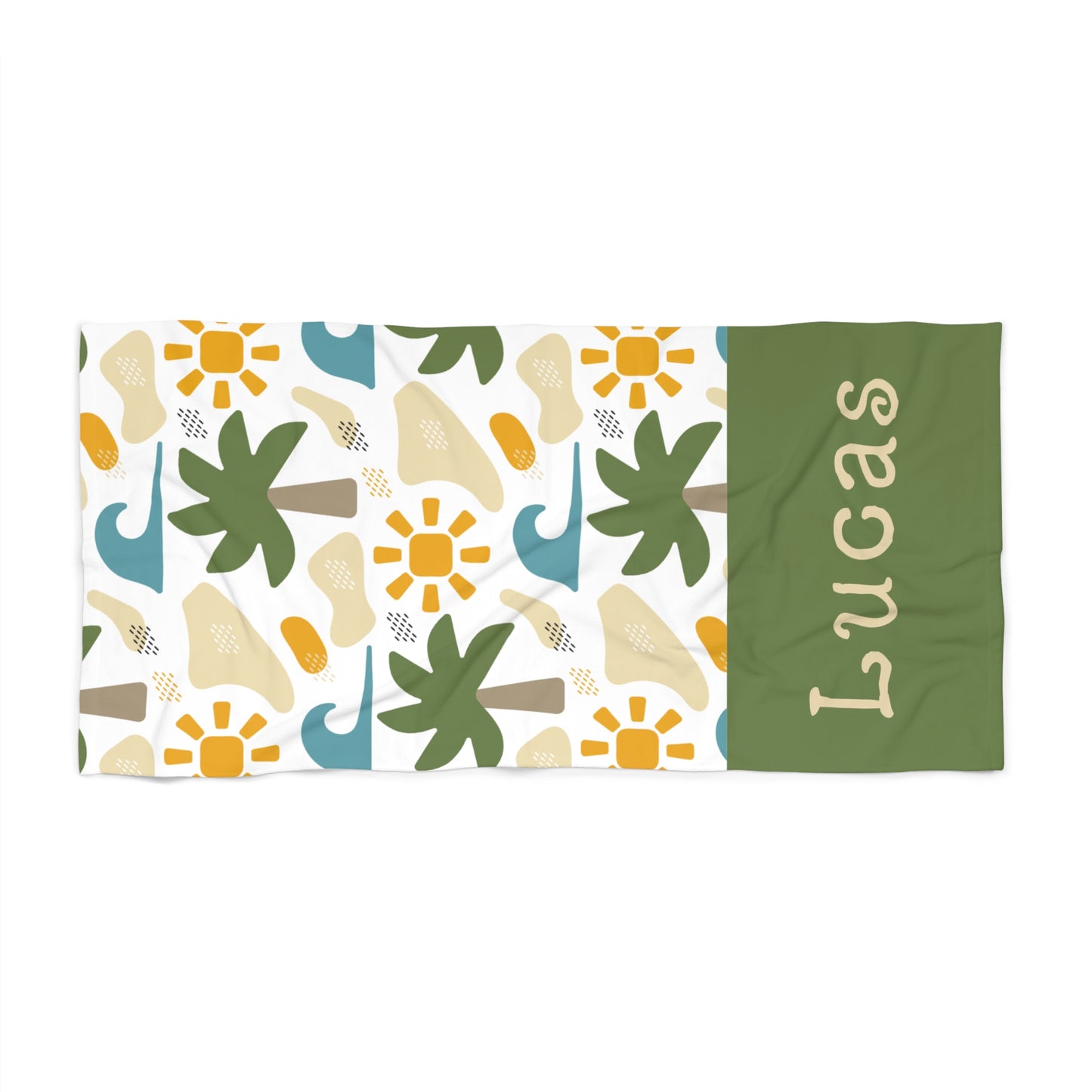 Personalized Tropical Beach Towel — Custom Name Lucas, Palm Tree & Sun Pattern