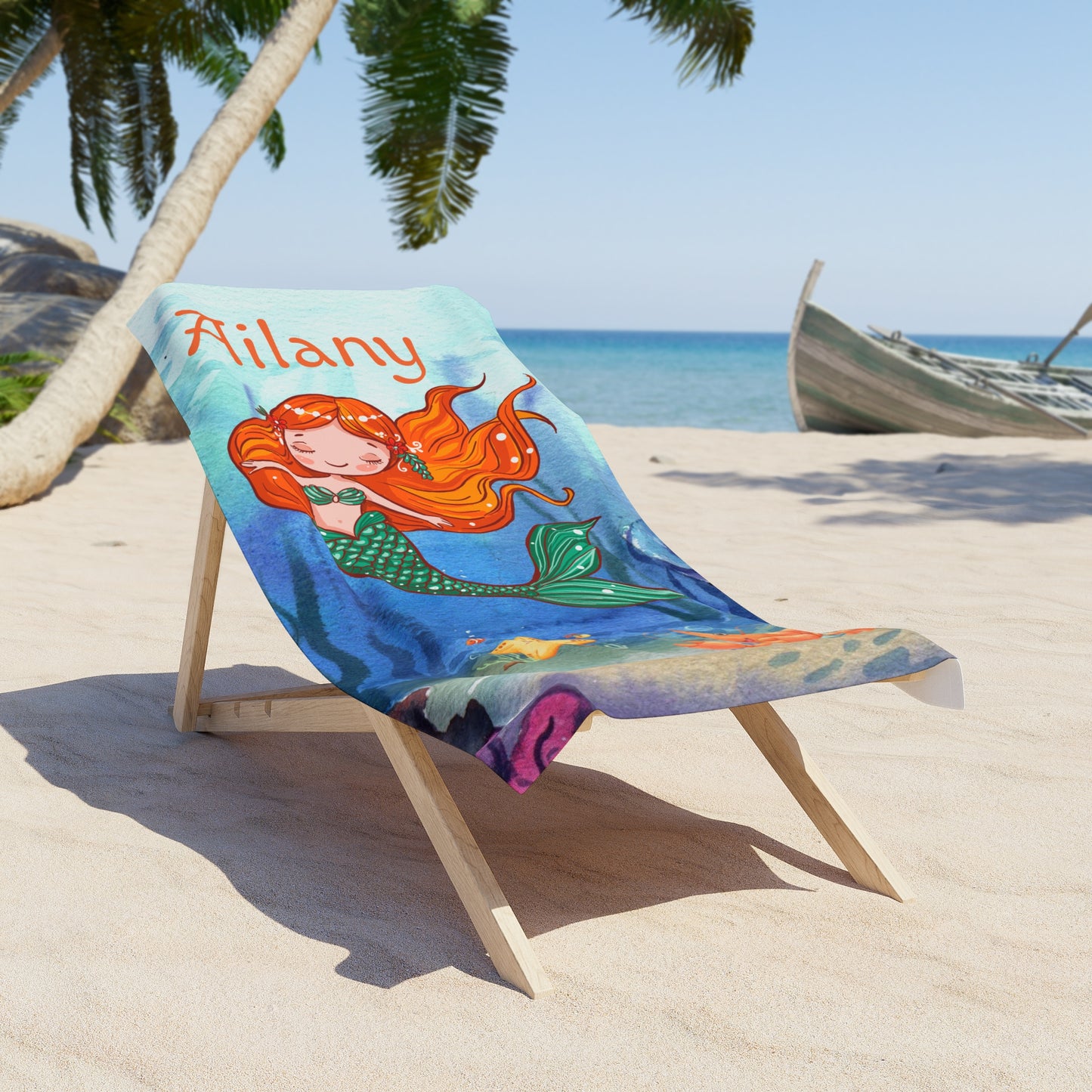 Personalized Mermaid Beach Towel – Custom Name Kids Towel, Cute Red‑Haired Mermaid Design