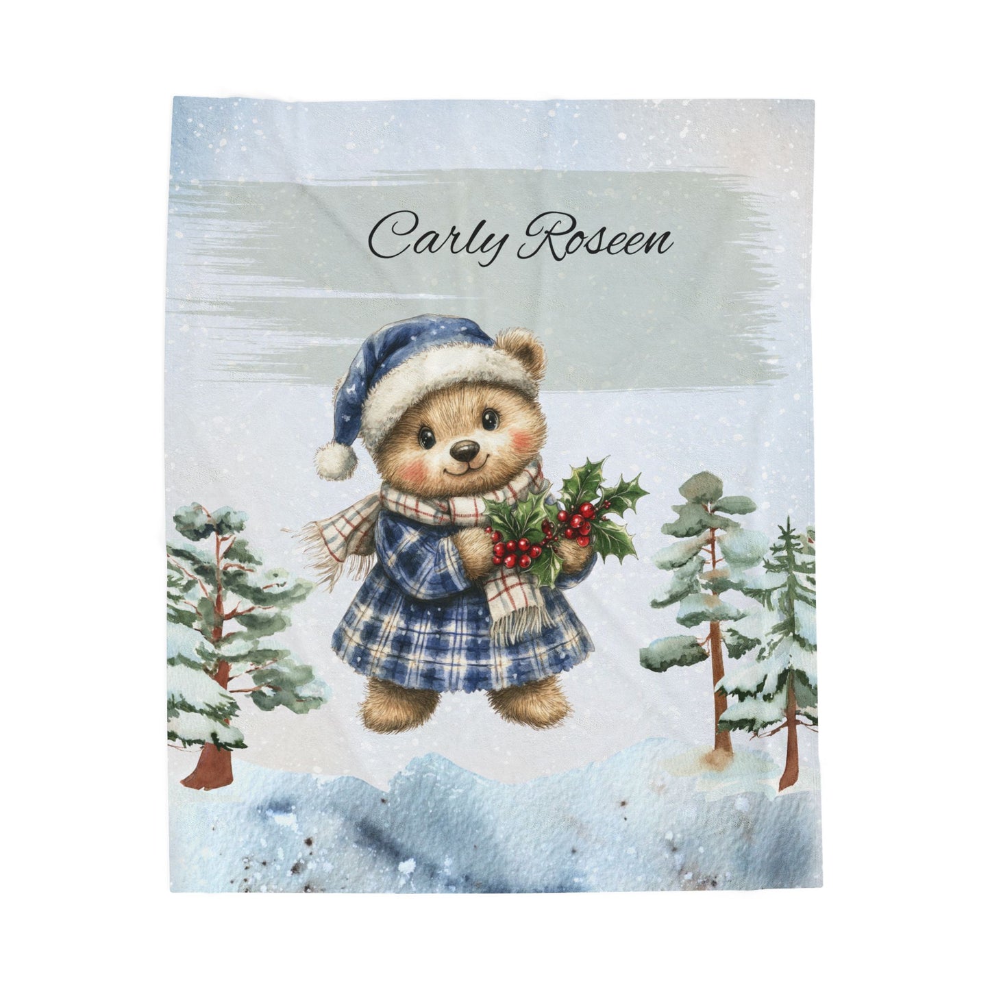 Personalized Velveteen Plush Blanket with Winter Bear Design, Cozy Holiday Gift, Soft Throw for Kids, Christmas Decor, Custom Name Blanket