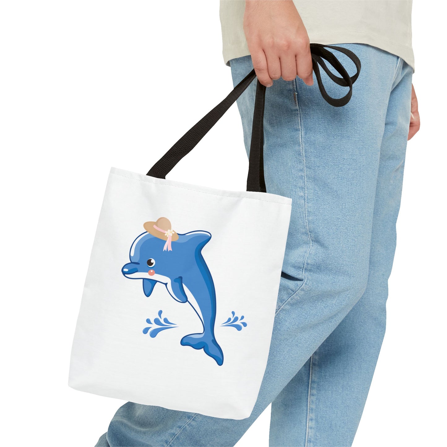 Dolphin wearing a straw hat with stylized water splashes Tote Bag