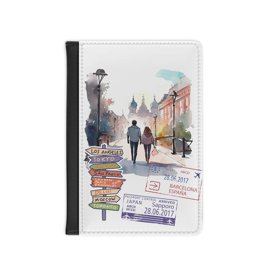 Romantic Travel Passport Cover — Watercolor Couple & World Stamps