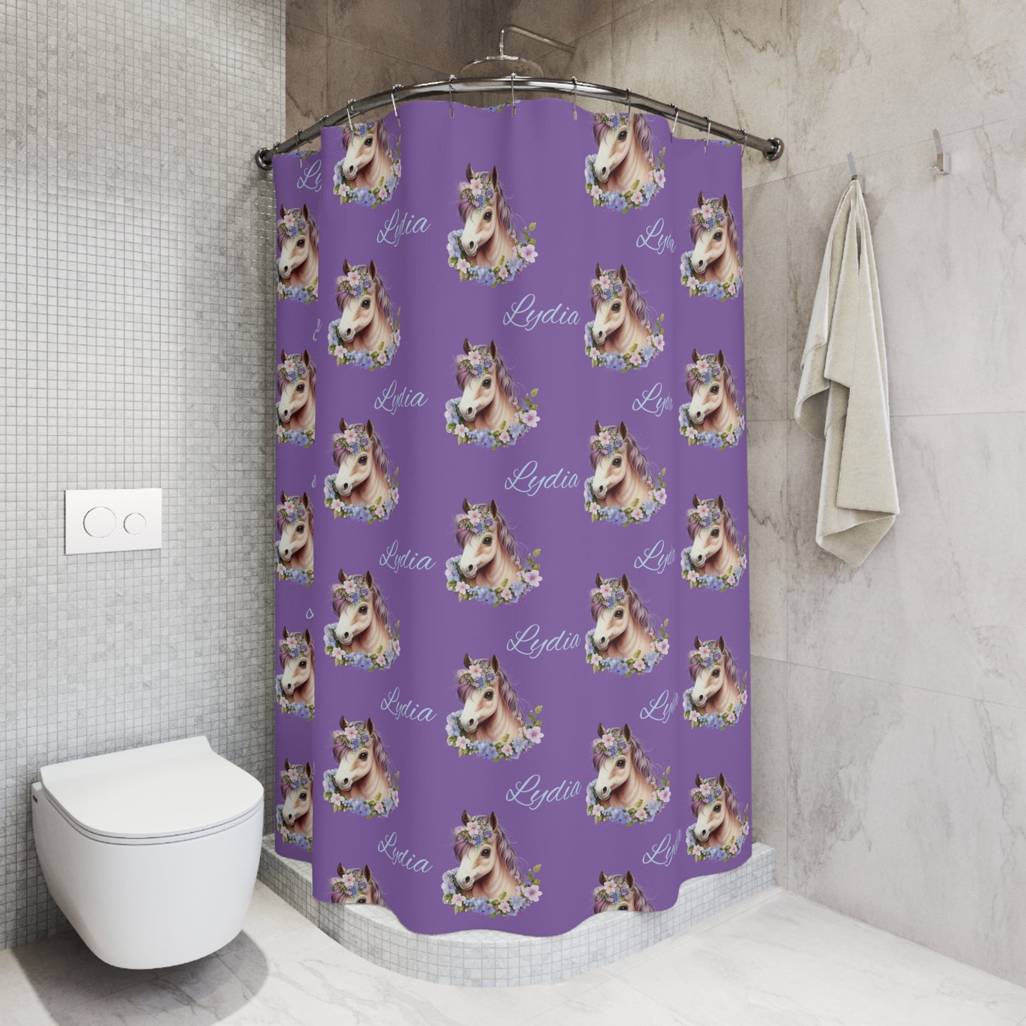Personalized Purple Unicorn Shower Curtain — Custom Name "Lydia" Floral Horse Bath Decor