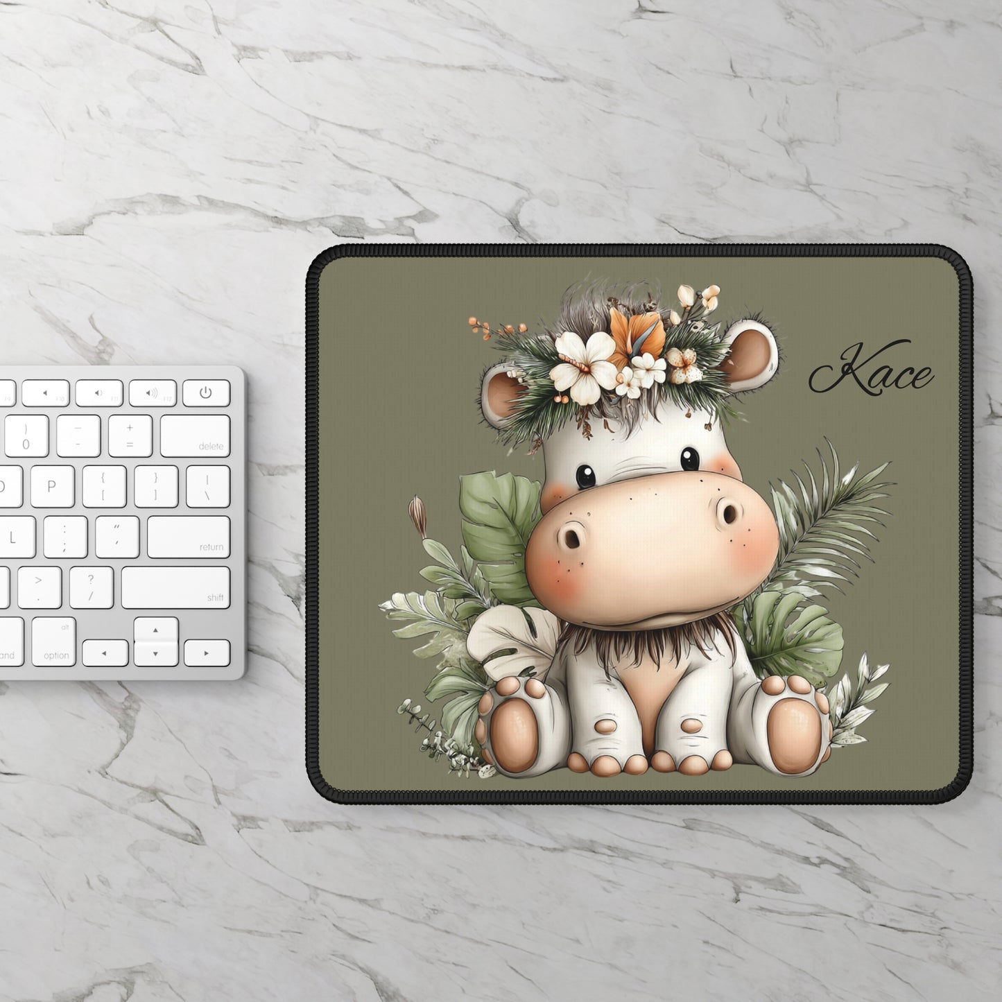 Cute Floral Cow Gaming Mouse Pad — Personalized Name Option