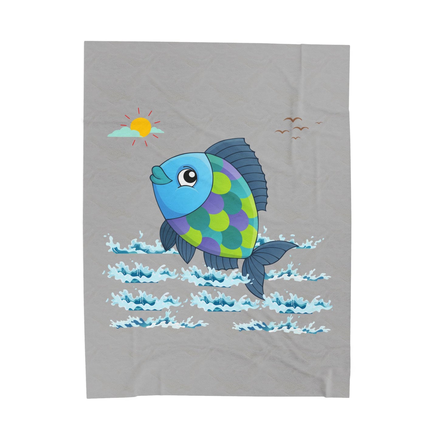 Fish with a sun and birds in the sky above water Velveteen Plush Blanket