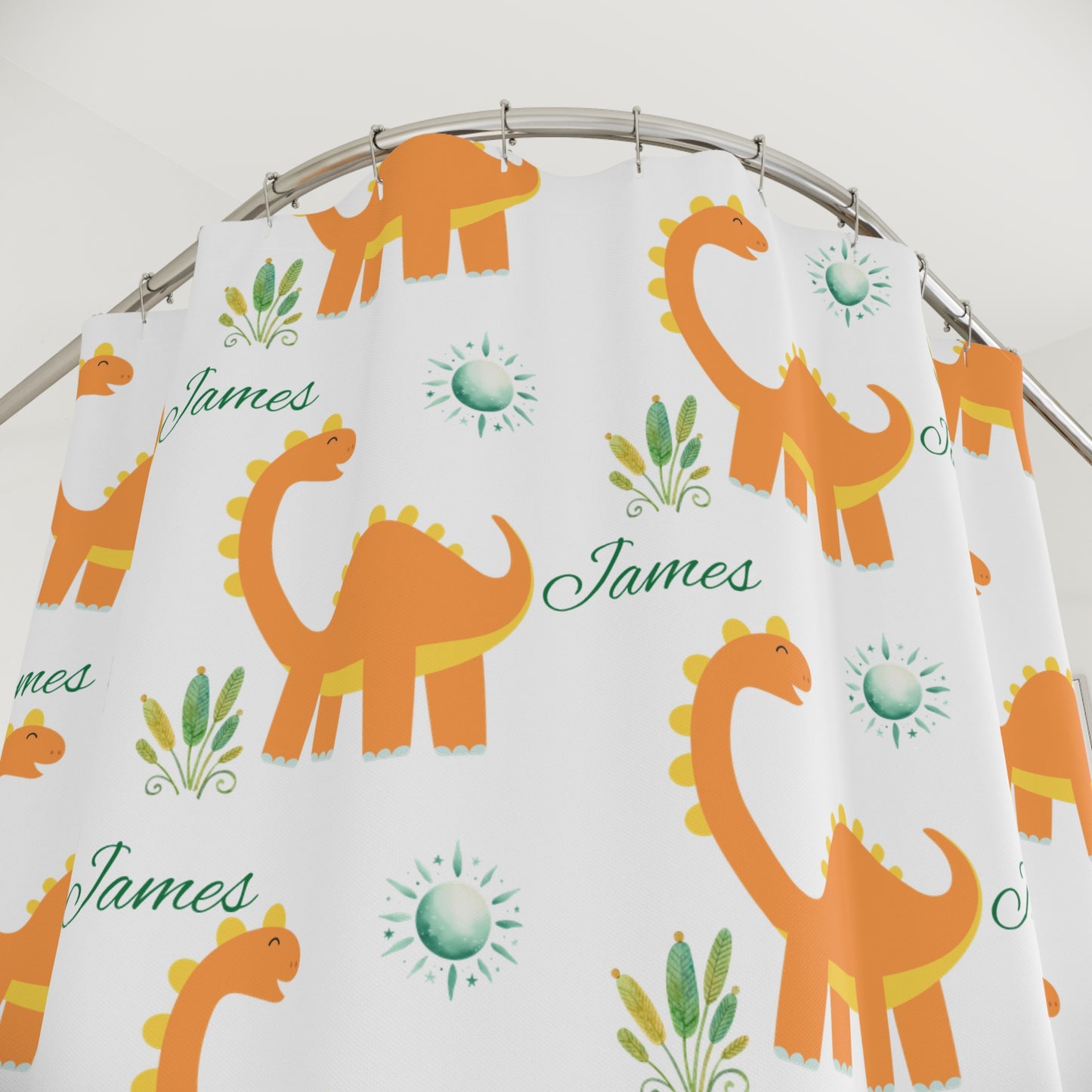 Personalized Orange Dinosaur Shower Curtain — Custom Name 'James' Kids Bathroom Decor