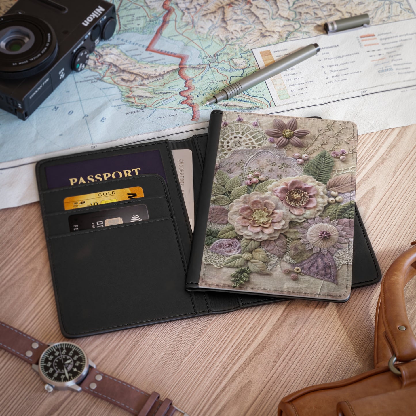 Floral Embroidered Passport Cover — Vintage Shabby Chic Travel Wallet