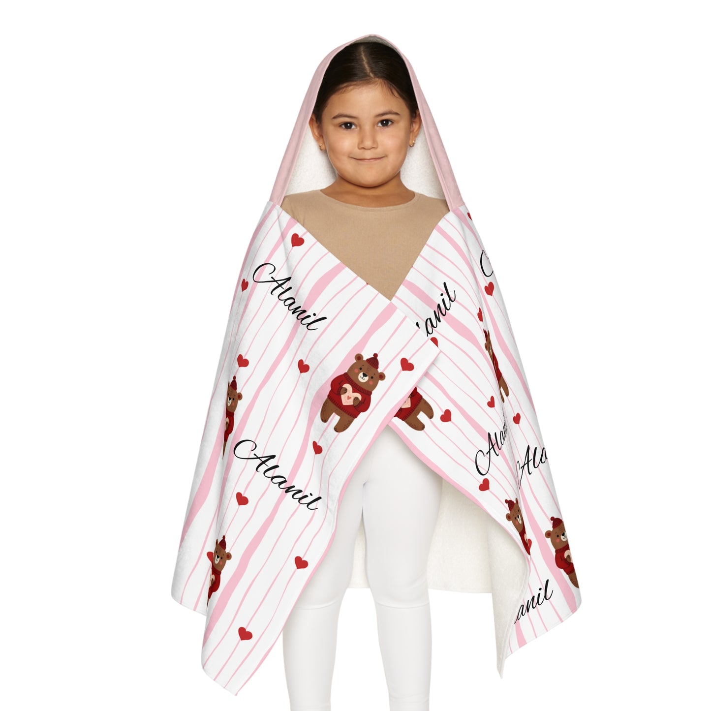 Personalized Kids Hooded Towel — Cute Bear & Hearts Design (Custom Name)