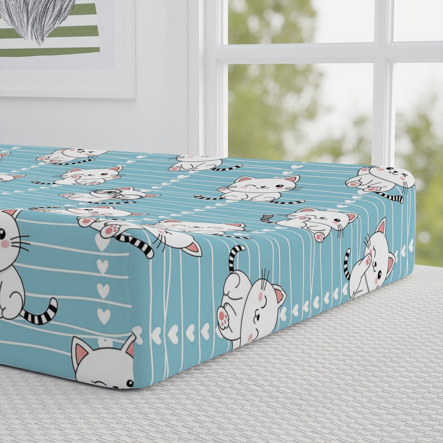 Blue Kitten Baby Changing Pad Cover — Personalized Nursery Mattress Protector