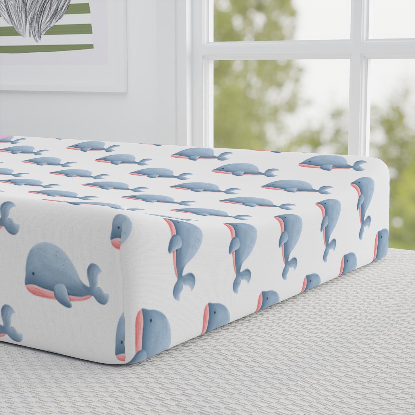 Whale Pattern Baby Changing Pad Cover — Personalized Pink Name Panel (Nursery Shower Gift)
