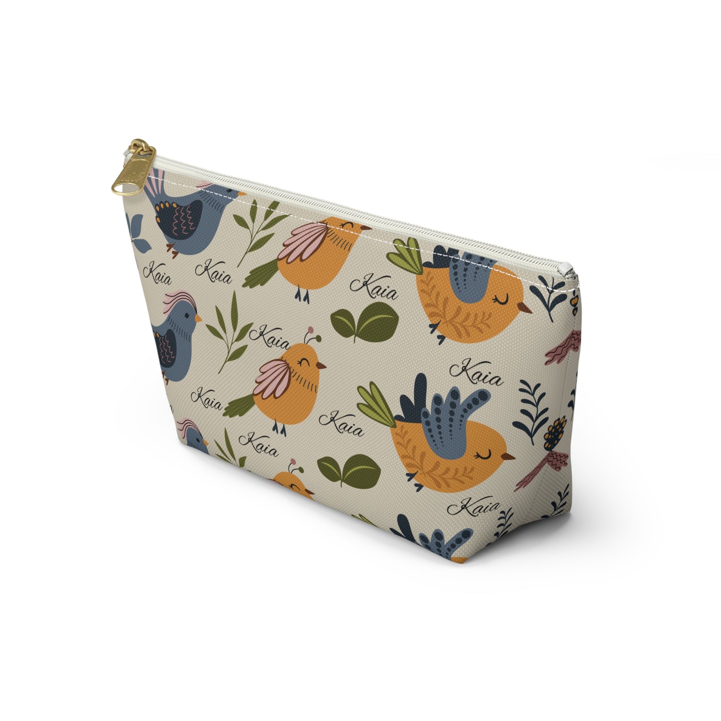 Bird Pattern Accessory Pouch — Personalized "Kaia" Cosmetic Bag