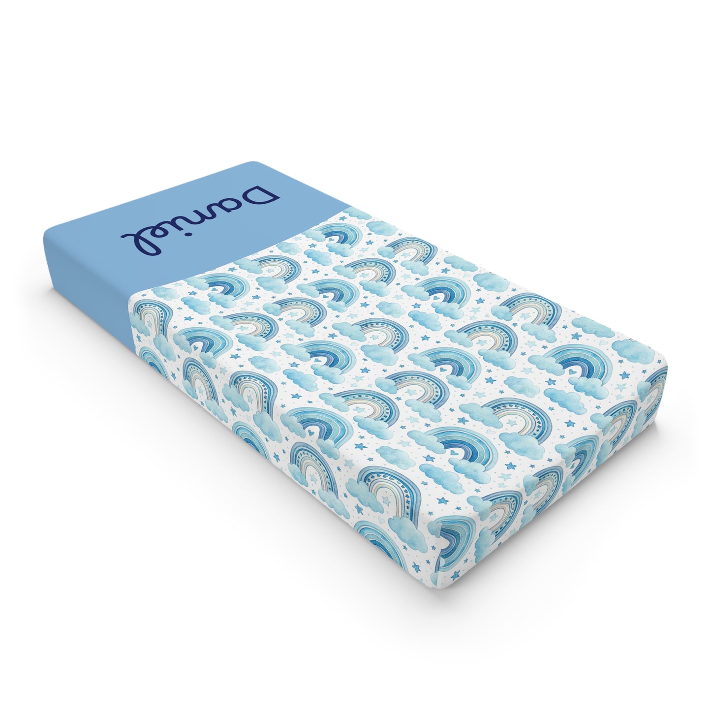 Blue Watercolor Rainbows Baby Changing Pad Cover — Personalized Name Option