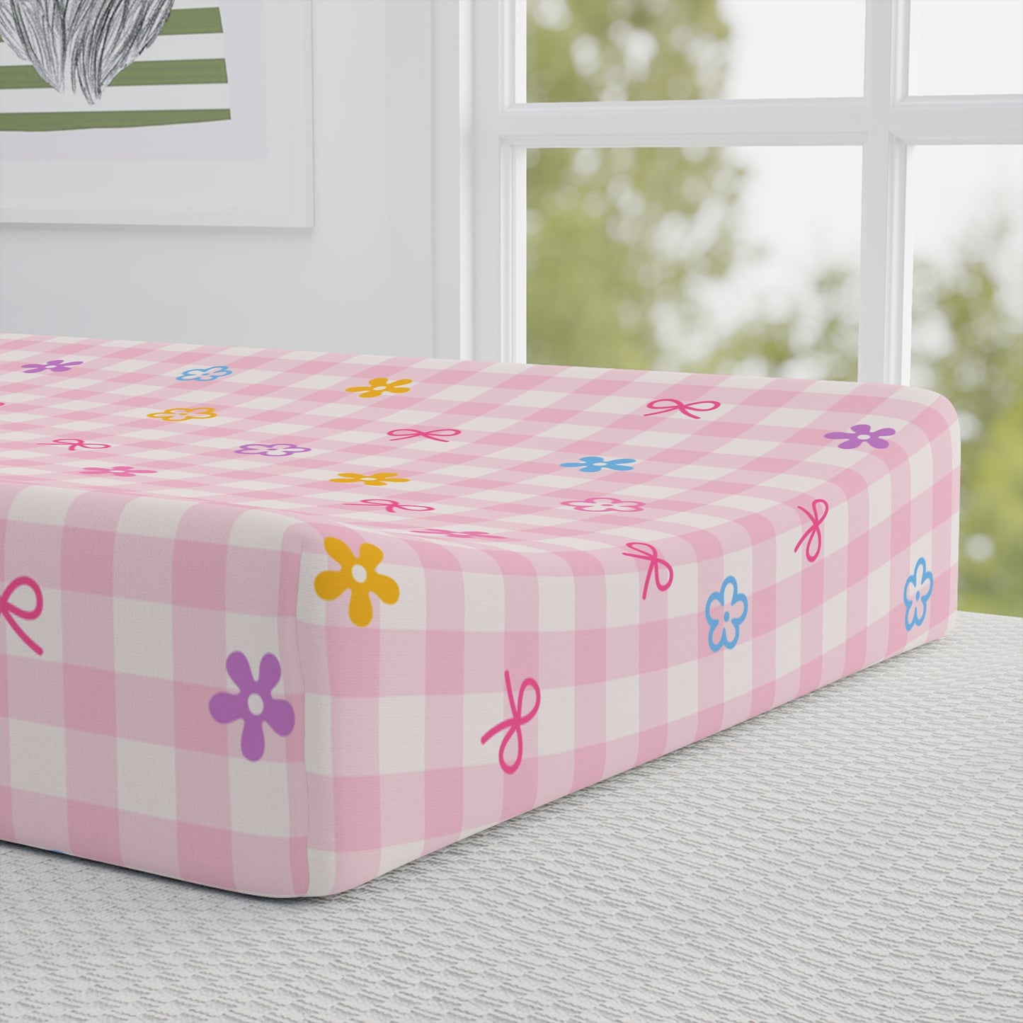 Pink Gingham Floral Baby Changing Pad Cover — Personalized Name Option