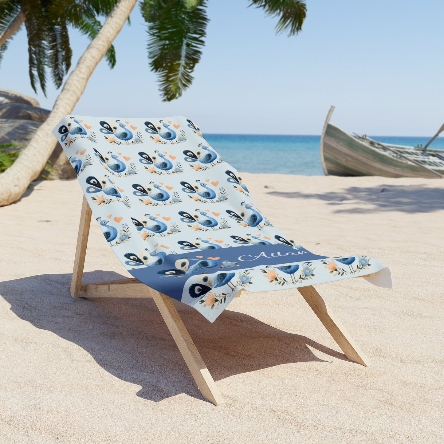 Personalized Dolphin Beach Towel — Blue Floral Ocean Design, Custom Name Option