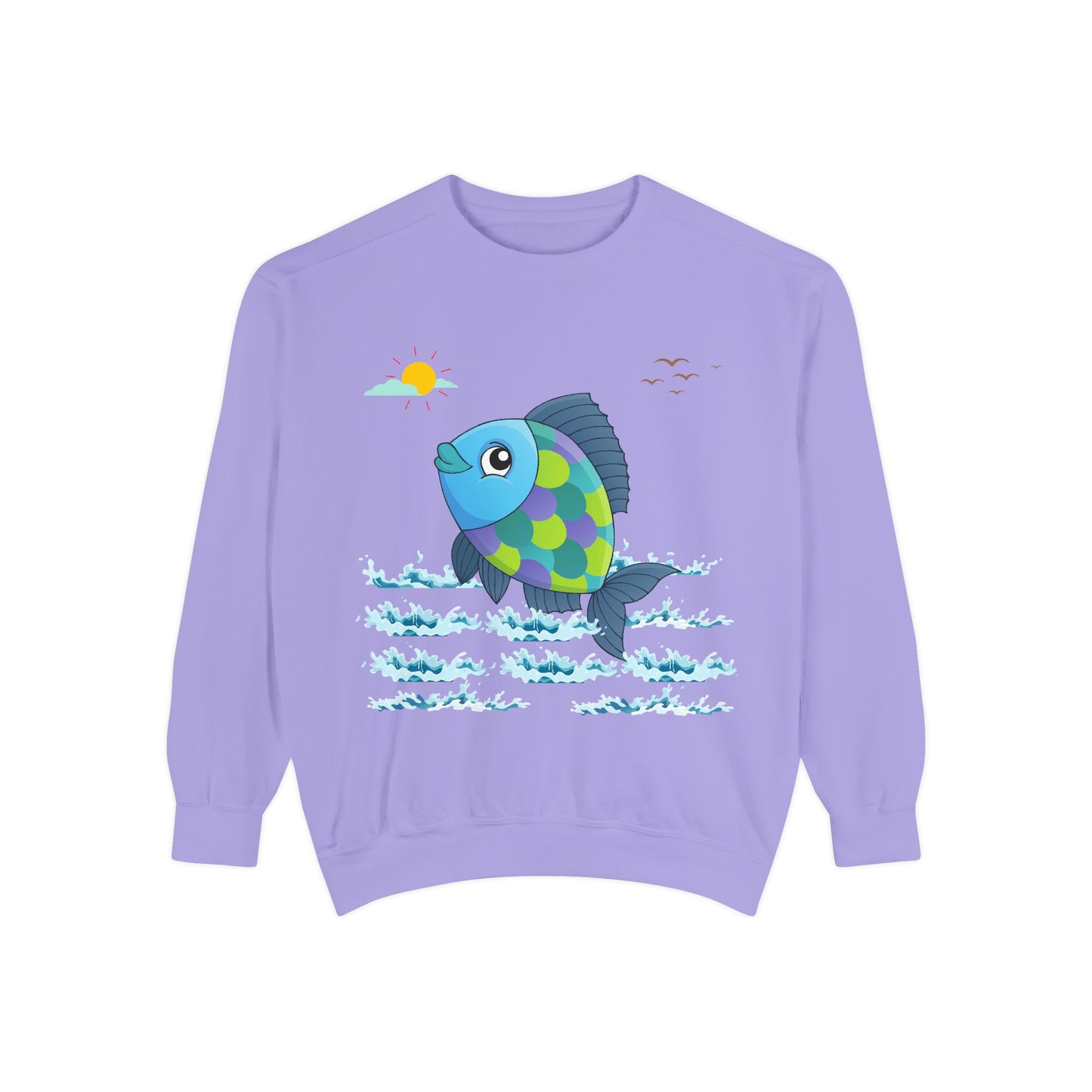 Fish with a sun and birds in the sky above water Unisex Garment-Dyed Sweatshirt
