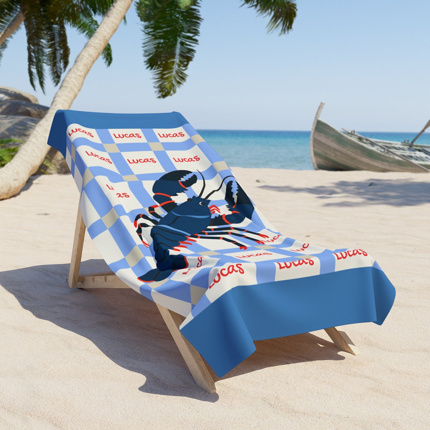 Personalized Lobster Beach Towel – Blue Check Nautical Summer Towel with Name