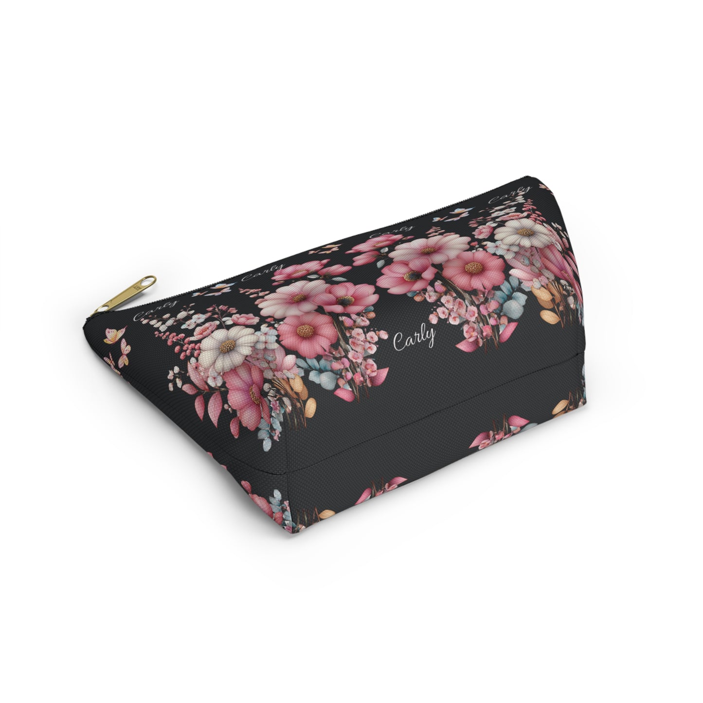 Floral Cosmetic Pouch with Pink Blooms — Personalized 'Carly' Accessory Bag