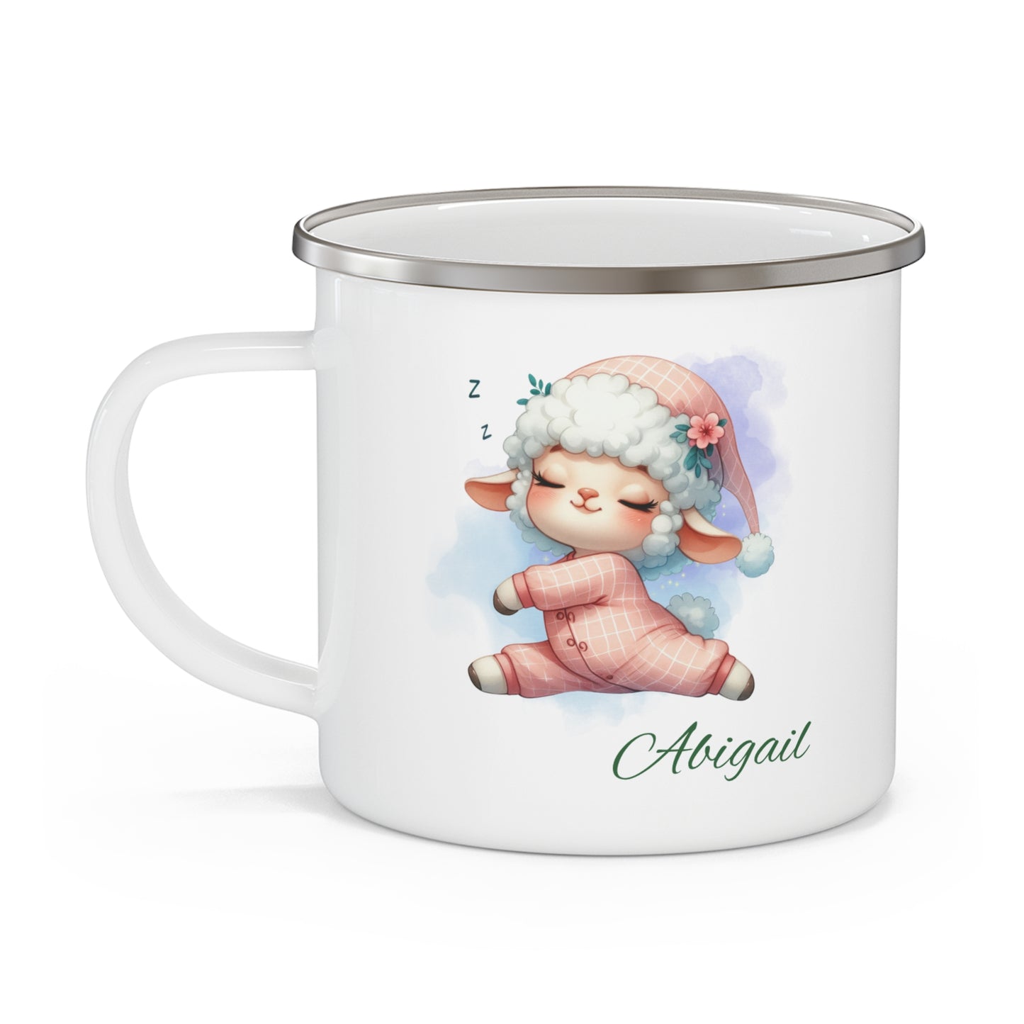Personalized Enamel Camping Mug with Sleepy Sheep Design