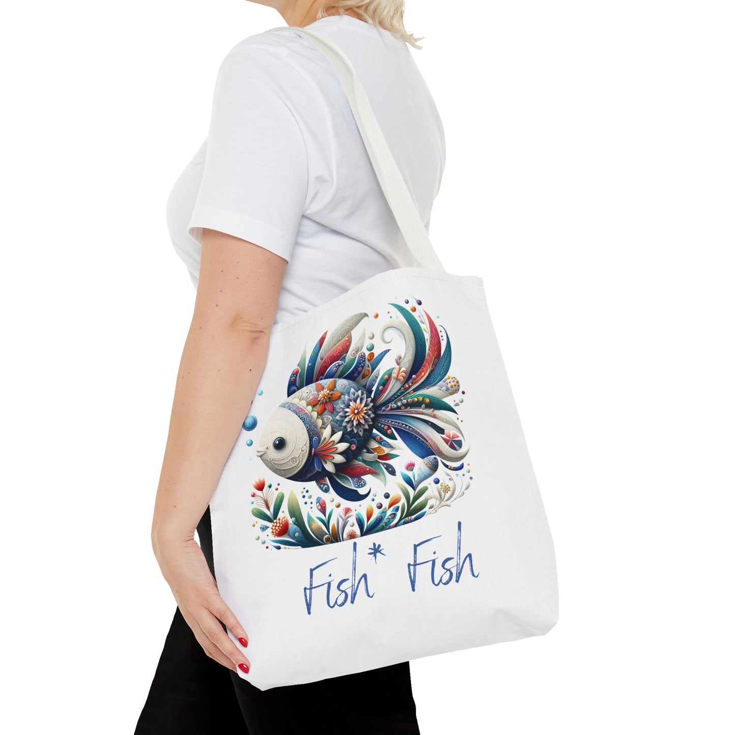 Floral Fish Tote Bag — Colorful Whimsical "Fish Fish" Canvas Tote