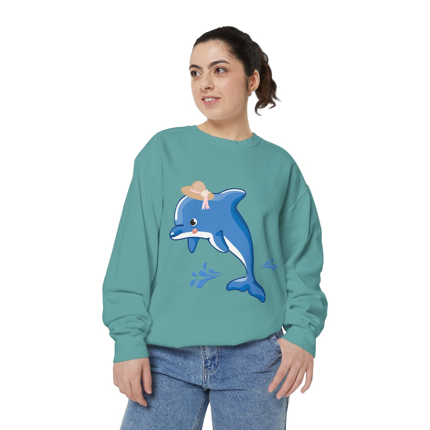 Dolphin wearing a straw hat with stylized water splashes Unisex Garment-Dyed Sweatshirt