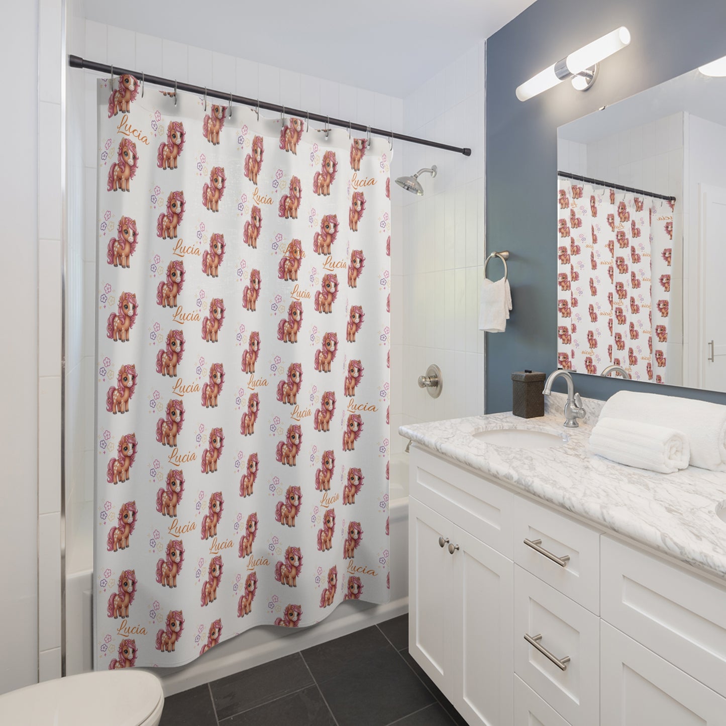 Shower Curtain — Personalized Pink Pony Pattern (Custom Name 'Lucia')