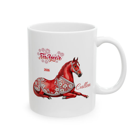 Personalized Red Horse Ceramic Mug — Floral Horse Illustration, Custom Name Option (11oz & 15oz)