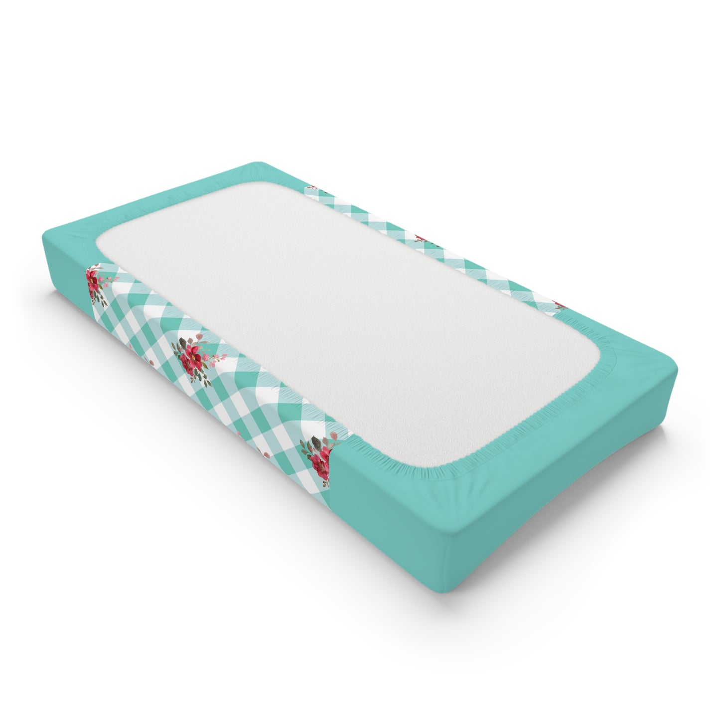 Aqua Gingham Floral Baby Changing Pad Cover — Personalized Name Option
