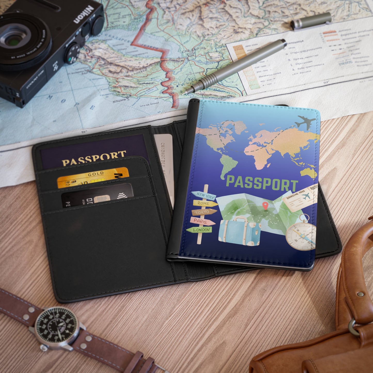Travel Map Passport Cover — World Map, Compass & Luggage Design