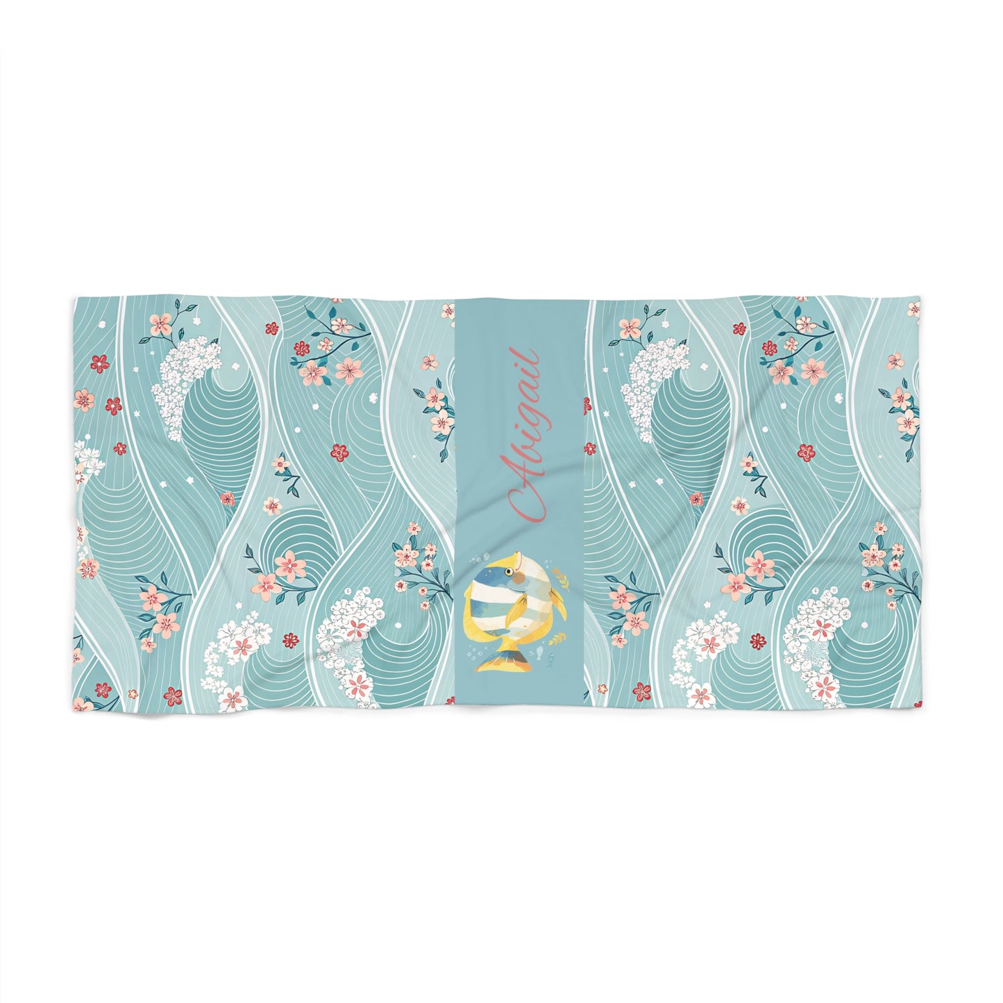 Personalized Aqua Waves Beach Towel — Floral Surf & Gold Fish Monogram