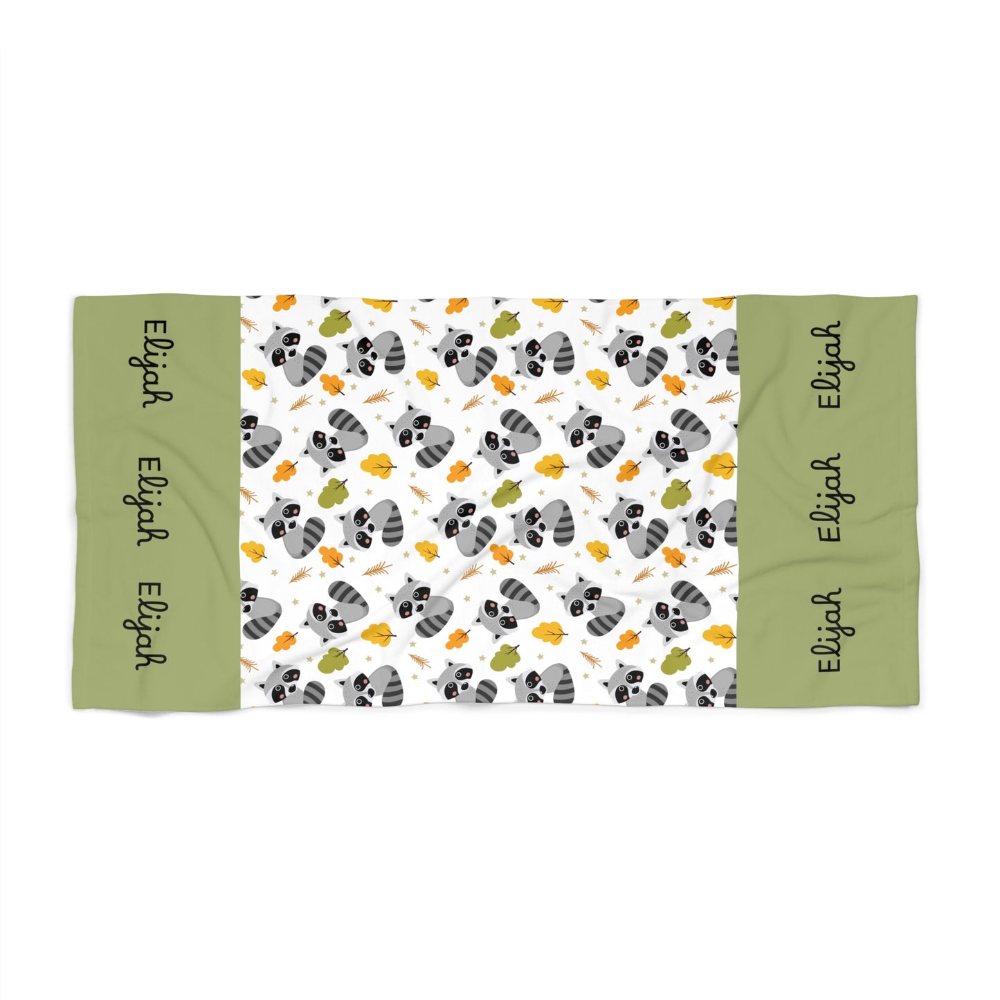 Personalized Racoon Pattern Beach Towel – Custom Name Tropical Leaf Design