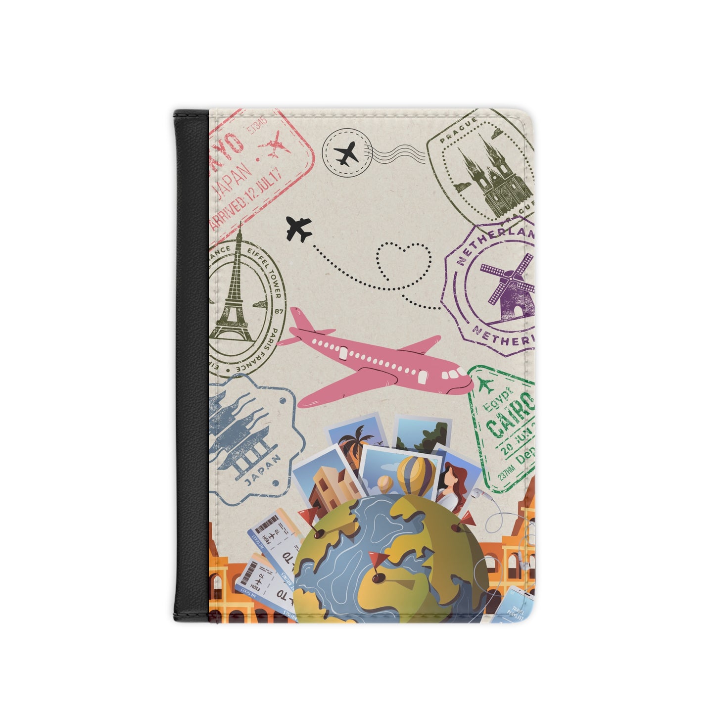 Passport Cover - Travel Stamps & Globe Design, Cute Airplane Passport Holder for Travelers
