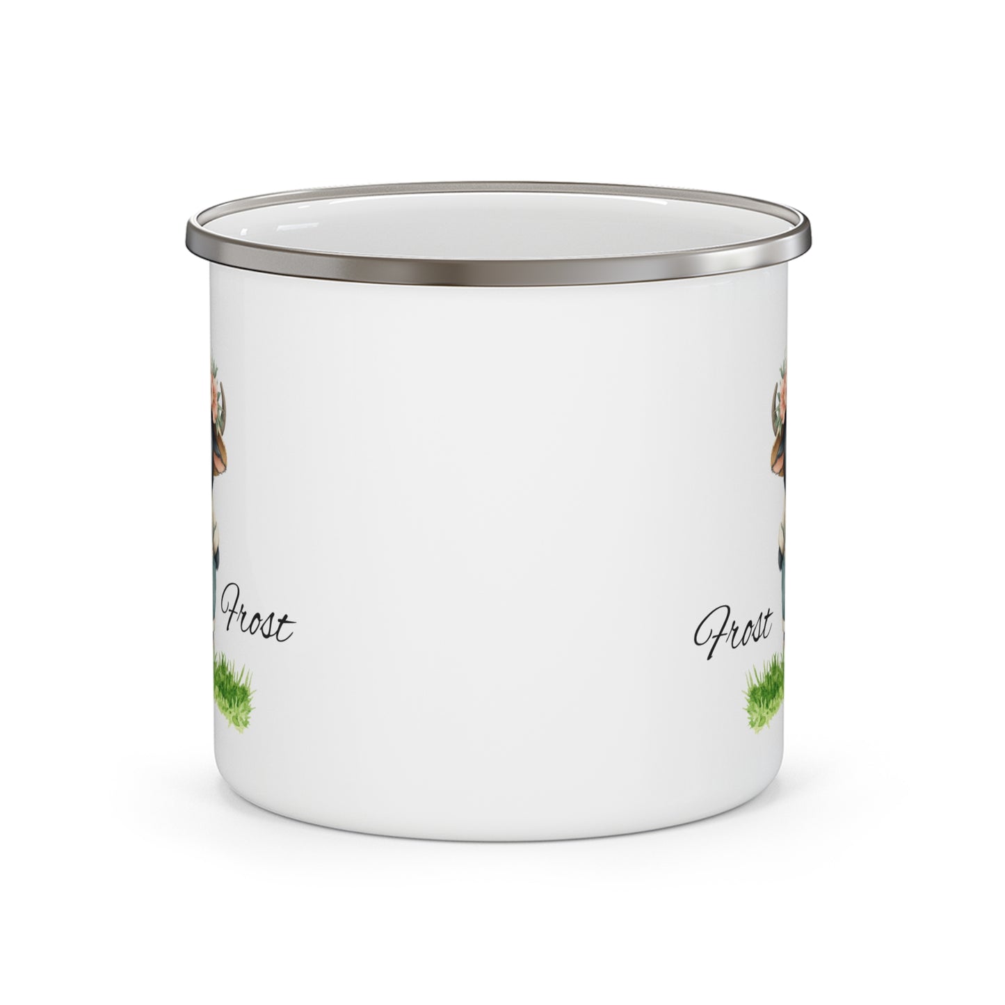 Enamel Mug — Cute Calf in Overalls Camping Cup (Personalize with Name)