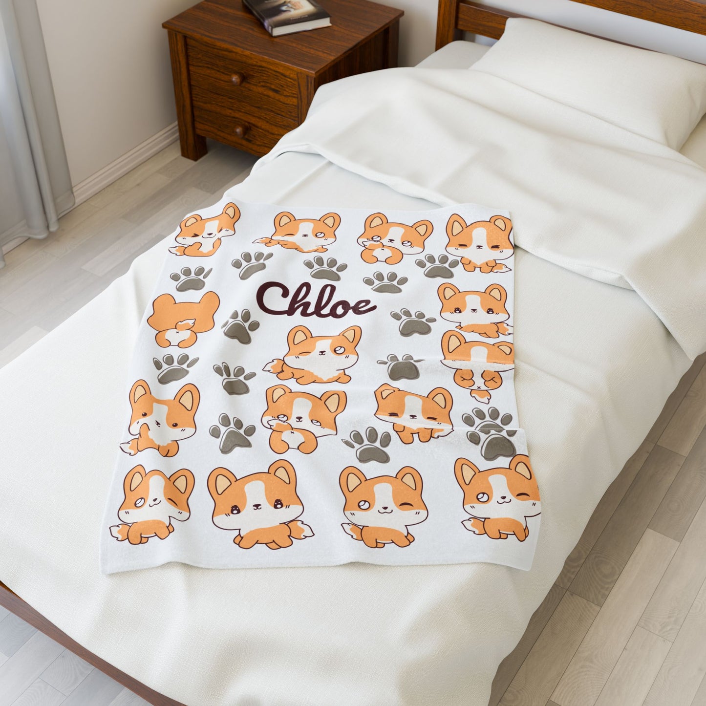 Personalized Velveteen Plush Blanket with Cute Corgis, Pet Lovers Gift, Cozy Home Decor, Kids Comfort Blanket, Custom Name Blanket