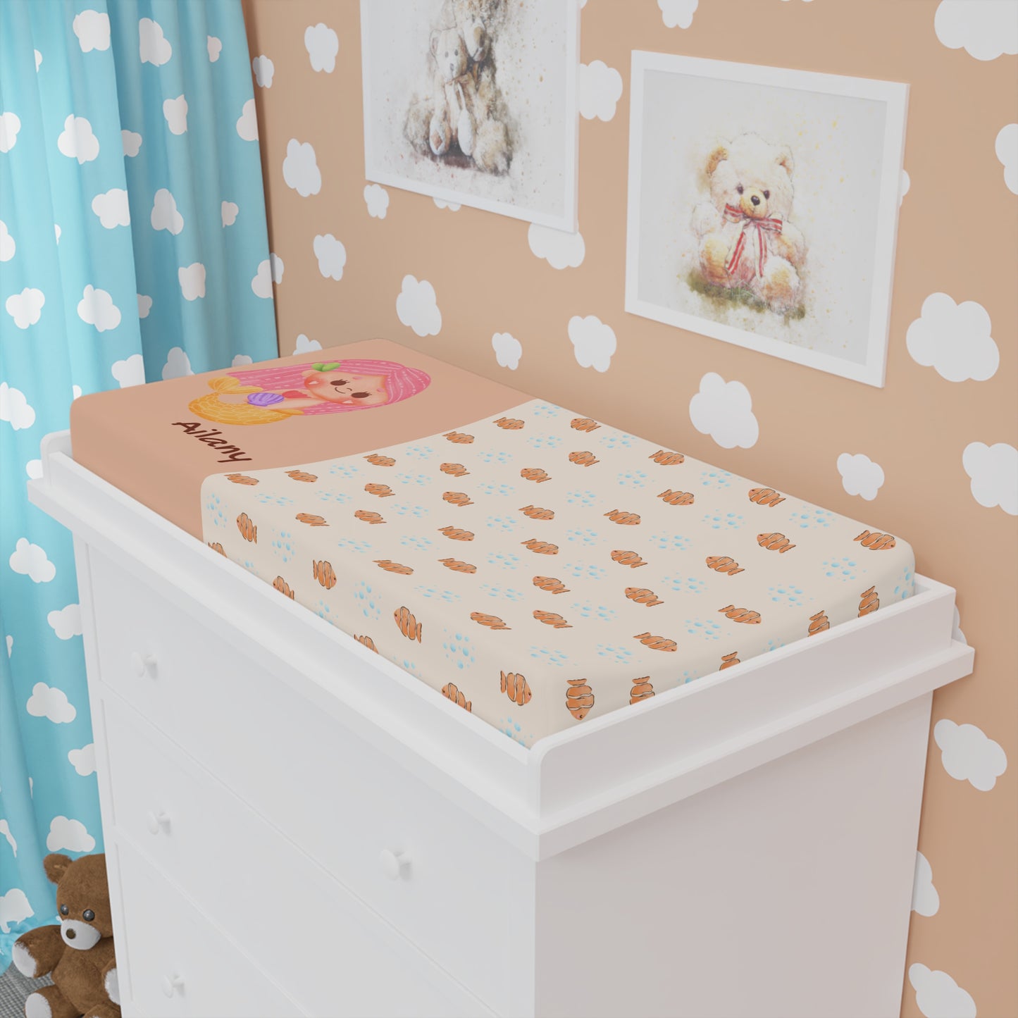 Personalized Baby Changing Pad Cover — Cute Bear & Rain Drops Design (Custom Name)